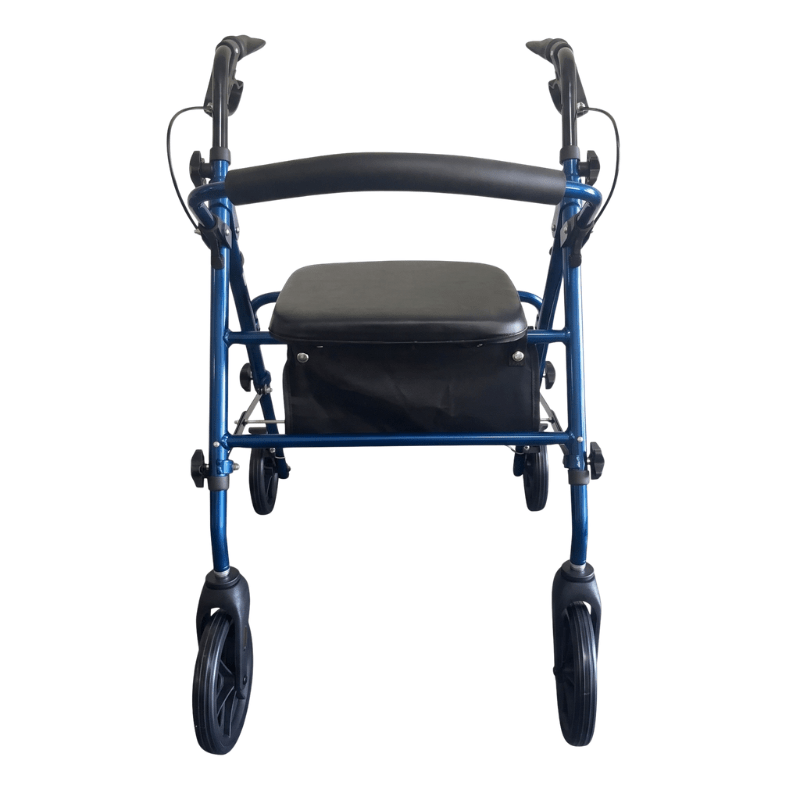 Blauer Ibis Rollator direkt von vorne, mit ergonomischen Griffen, gepolstertem Sitz und Rückenlehne