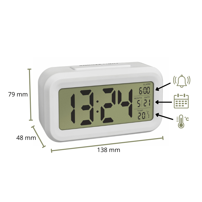 Vækkeur med LCD display - Hvid