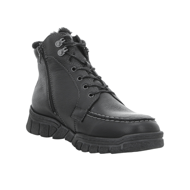 Waldläufer Herrenstiefel aus schwarzem Nappaleder mit Schnürsenkeln und Reißverschluss, schräg von vorne mit sichtbarem Futter