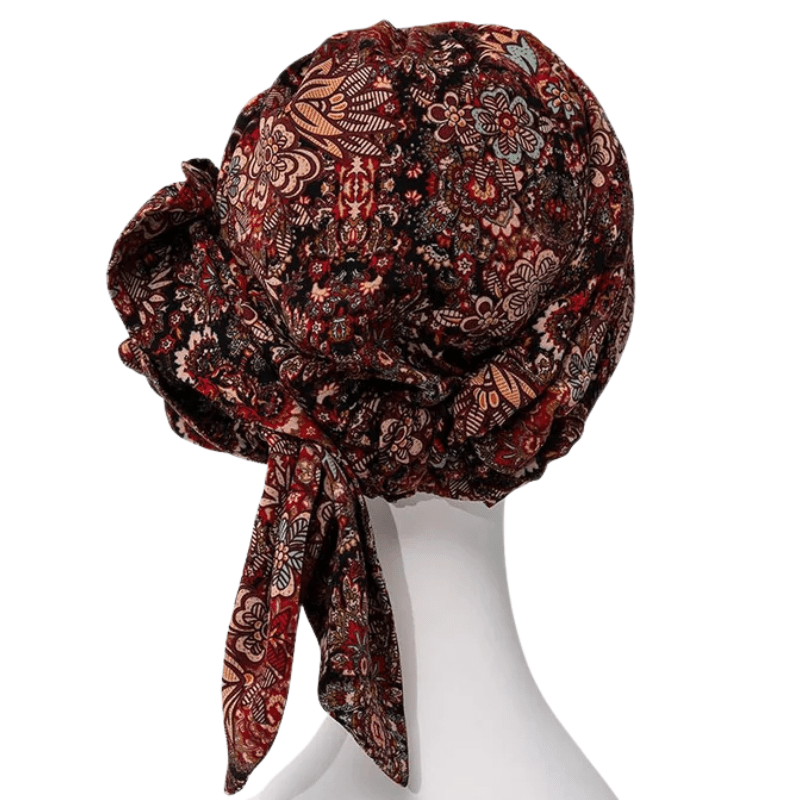 Juvela Turban Floral Folklore auf Schaufensterpuppe, Rückansicht mit losen Bändern und Muster
