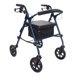 Blauer Ibis Rollator mit gepolstertem Sitz und Rückenlehne, schräg von vorne mit Textilkorb