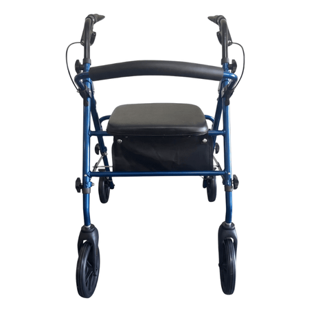 Blauer Ibis Rollator direkt von vorne, mit ergonomischen Griffen, gepolstertem Sitz und Rückenlehne