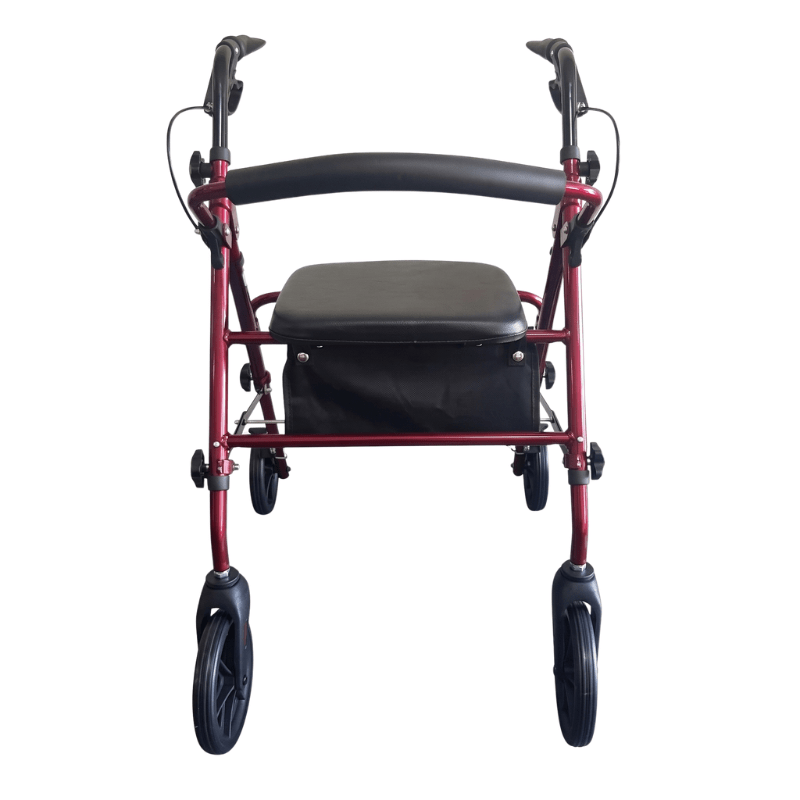 Roter Ibis Rollator direkt von vorne mit schwarzem Sitz, Rückenlehne und Griffen