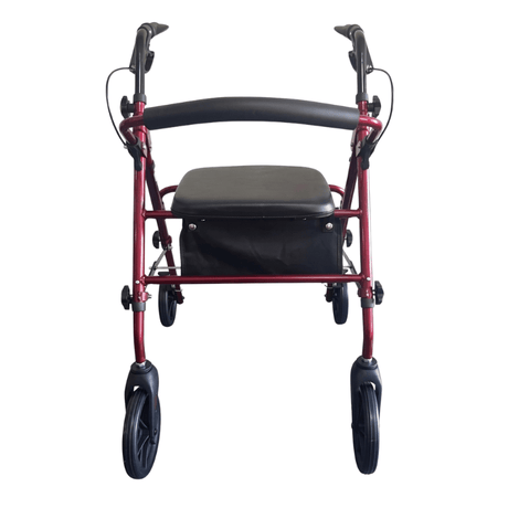 Roter Ibis Rollator direkt von vorne mit schwarzem Sitz, Rückenlehne und Griffen
