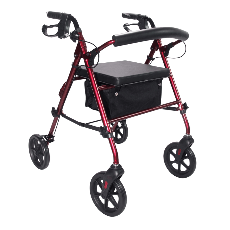 Roter Ibis Rollator von vorne mit schwarzem gepolstertem Sitz, Rückenlehne und Textilkorb