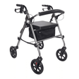 Grauer Ibis Rollator schräg von vorne mit gepolstertem Sitz, Rückenlehne und schwarzem Textilkorb