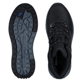 Zwei schwarze Skechers Herrenstiefel, einer von oben, der andere zeigt das Sohlenprofil