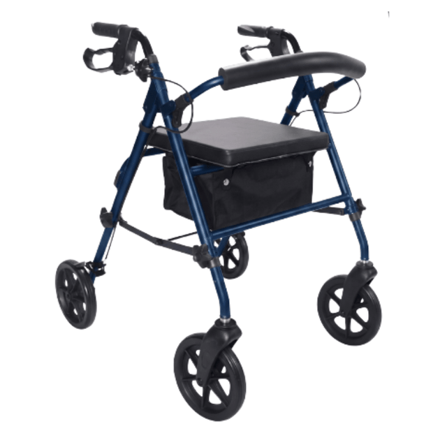 Blauer Ibis Rollator schräg von vorne, mit gepolstertem Sitz, Rückenlehne und praktischem Textilkorb