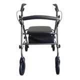 Grauer Ibis Rollator direkt von vorne mit schwarzem gepolstertem Sitz und Rückenlehne