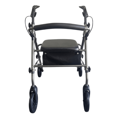 Grauer Ibis Rollator direkt von vorne mit schwarzem gepolstertem Sitz und Rückenlehne