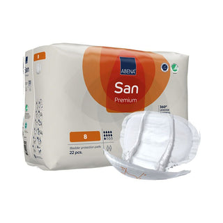 Abena San Premium Inkontinenzeinlagen Gr. 8 in Packung mit orangefarbenem Etikett und einer weißen Einlage